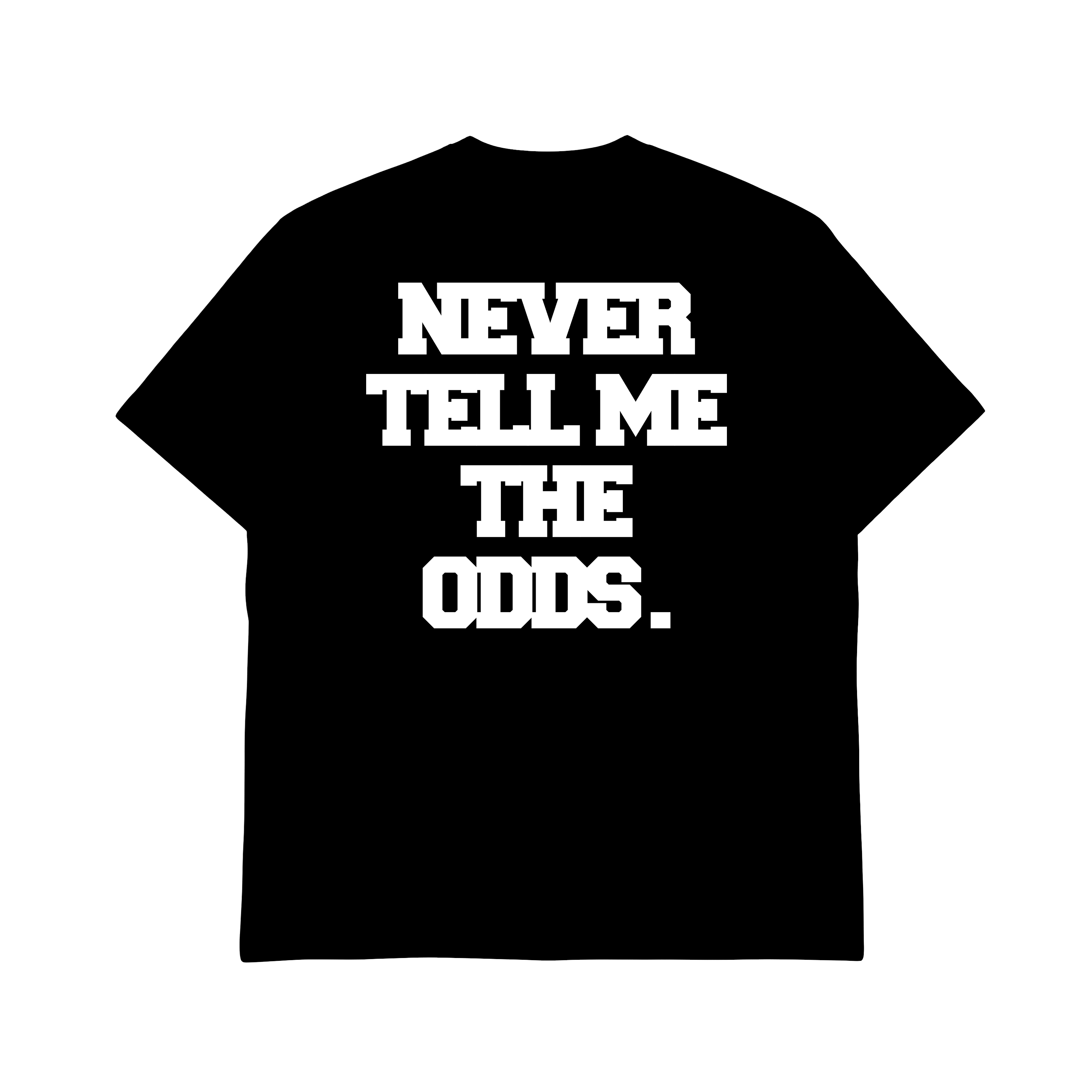Black t-shirt with 'NEVER TELL ME THE ODDS' text in white