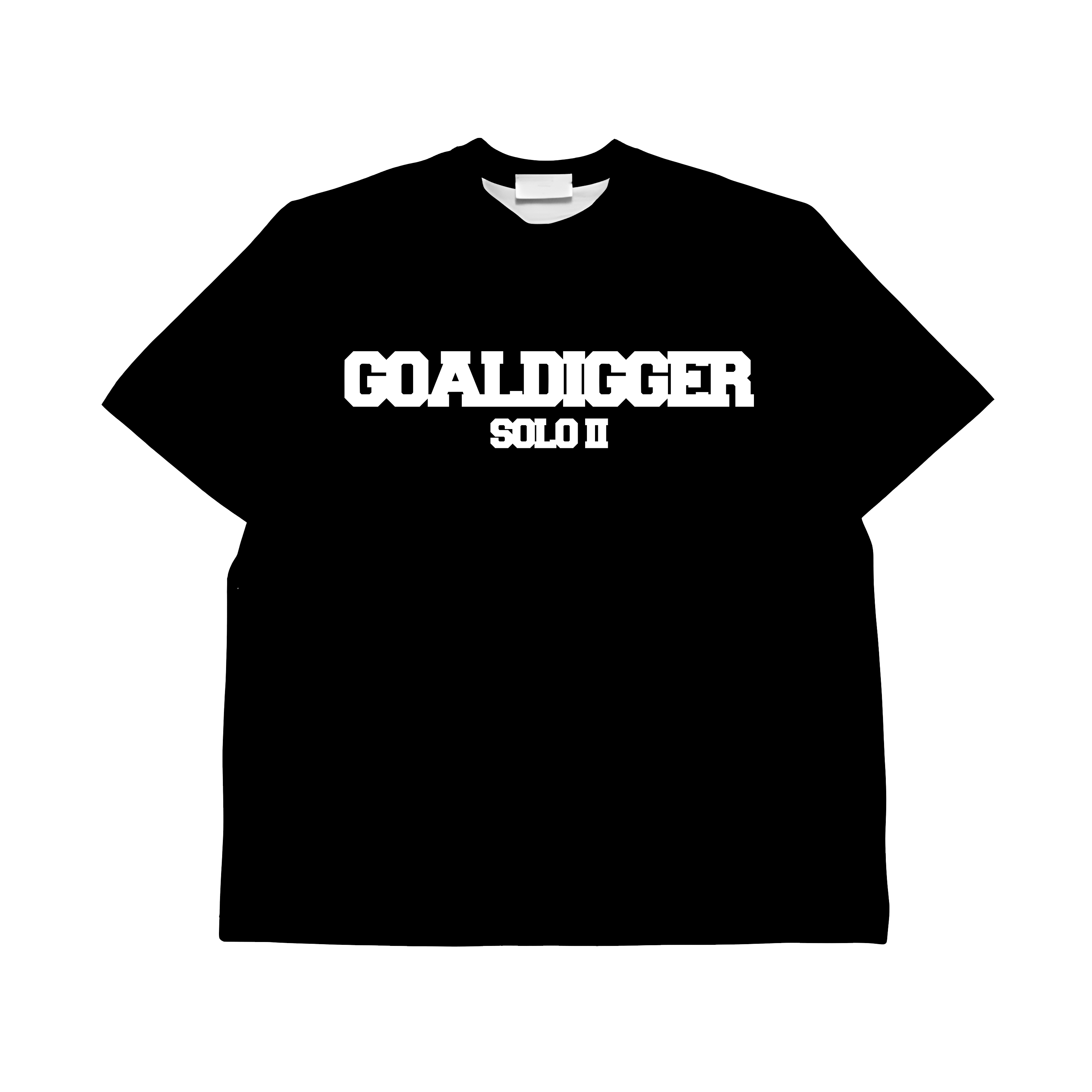 Black t-shirt with 'GOALDIGGER SOLO II' text in white