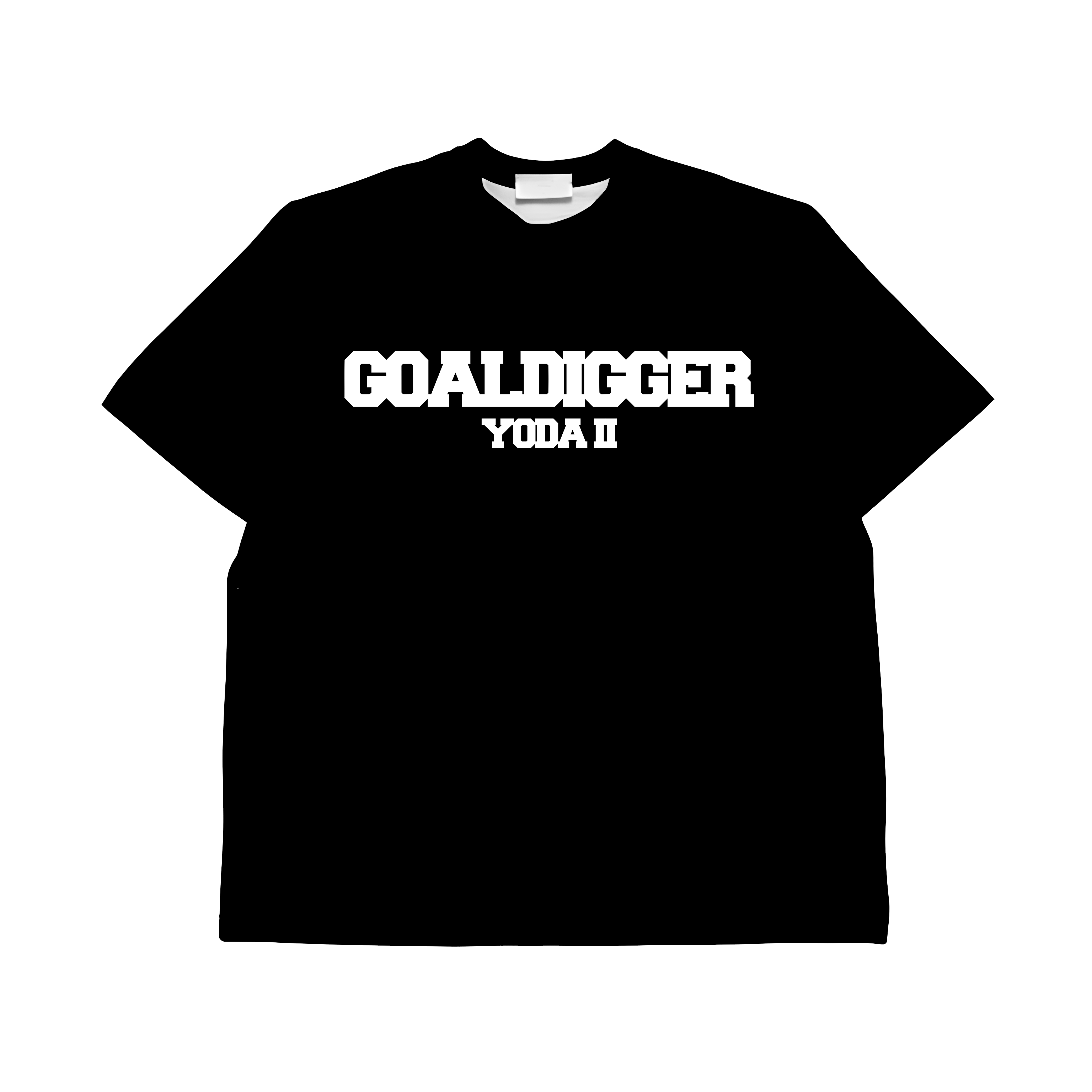 Black t-shirt with 'GOALDIGGER YODA II' text in white